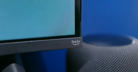 Close up of Fire TV logo on smart television Stock Footage 334729610