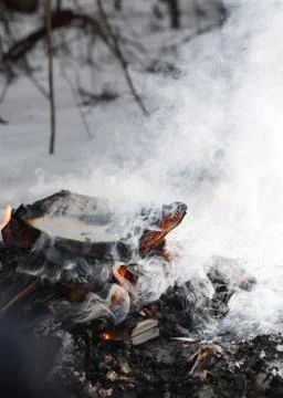 Close-up of a fire in the winter forest of old books, papers, magazines and Stock Photos