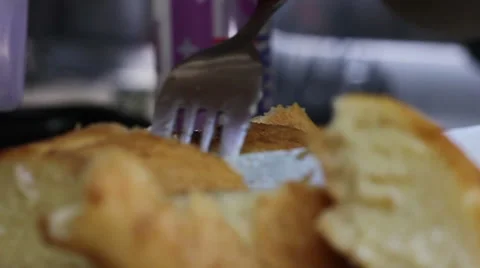 Close up of Fired Bread On the Chopping Block Stock Footage 42680379