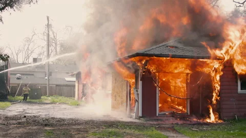 Close Up of Firefighters working on Wildfire blaze that is consuming a home Stock Footage 201879591