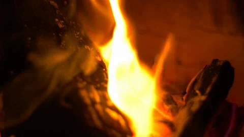 Close-up fireplace slow motion fire burning the firewood Stock Footage 105136465