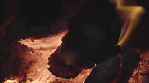 Close up of firewood burning inside fireplace Stock Footage 138898475