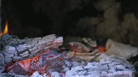 Close-up of firewood flames and glowing coals under cauldron for plov Stock Footage 346538662