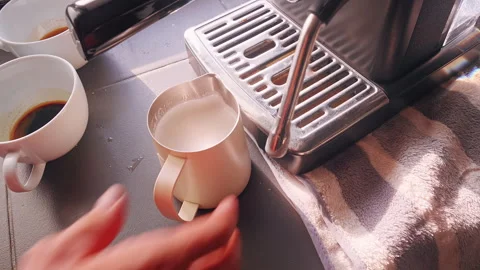 Close Up First Person View Cleaning Steam Wand With Cloth After Milk Frothing Ne Stock Footage 331023432