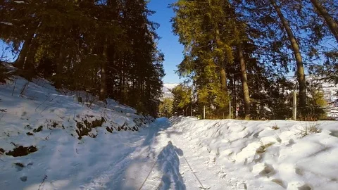 Close up first person view skier skiing in perfect powder snow off piste in 스톡 동영상 105269480