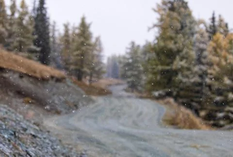 Close-up of the first snow with a blurred background of a rocky mountain road Stock Photos