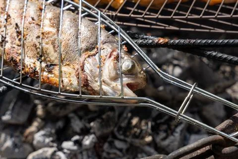Close up of fish head being grilled on grill Foto stock