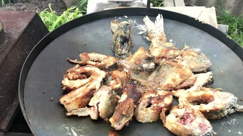 Close-up fish steaks are fried on a grill plate. Stock Footage 134169771