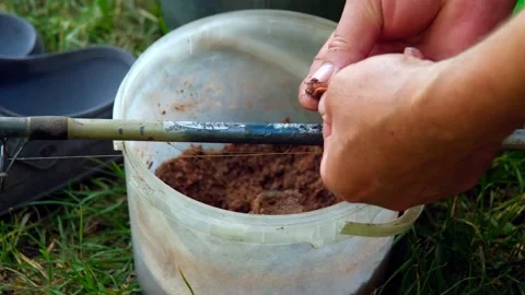 Close-up of Fisherman Hands Baiting Hook with Worm for Angling Stock Footage 328357149