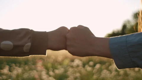 Close up of fist to fist commit solidarity respect gesture on background sunset Stock Footage 276530811