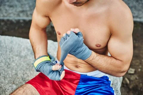 Close up of fit man wearing bandage on his hand Stock Photos