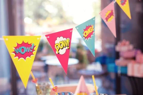 Close up of five party flags with funny modern words Stock Photos