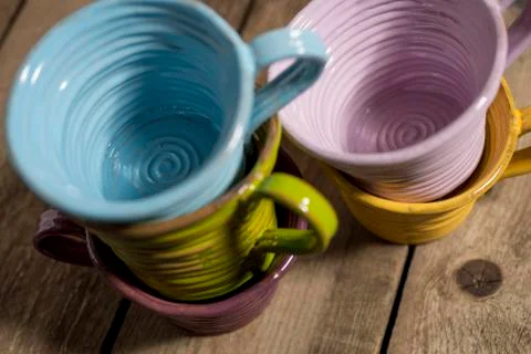 Close-up of Five Teacups in Two Stacks Stock Photos