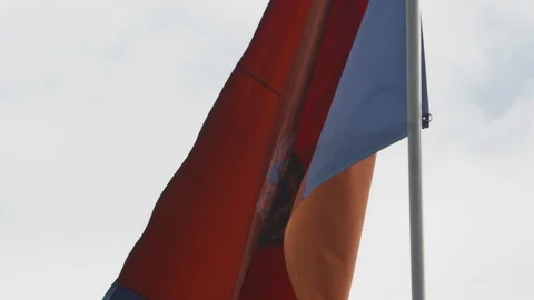 Close up of flag moving in windy weather in slow motion, Quito, Ecuador Stock Footage 143019200