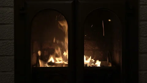 Close-up of the flame of the fire behind the closed glass doors of the fireplace Video stock 124119788