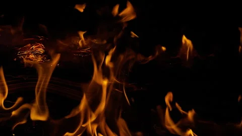 Close-Up Flames Burning in Darkness, Fire Texture Background Stock Footage 346175550