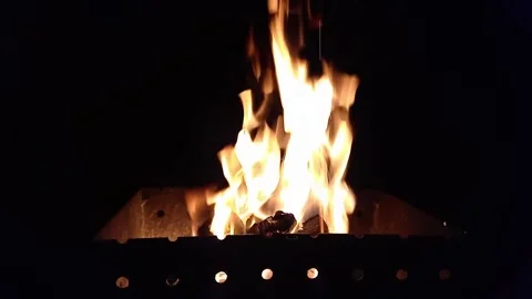 Close-up, flames from fire. Late evening. fire burns in barbecue Stock Footage 255805717