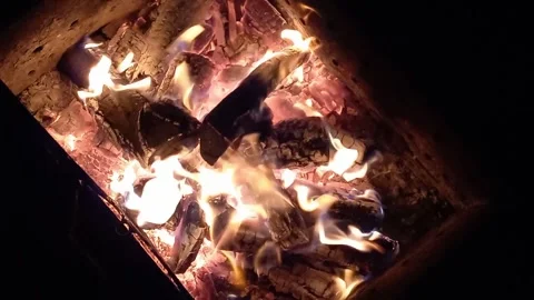 Close-up, flames from fire. Late evening. fire burns in barbecue Stock Footage 255805718