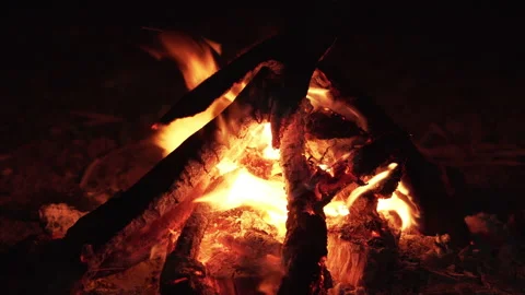 Close-up, flames from fire. Night bonfire, logs are on fire,4k Stock Footage 186928545