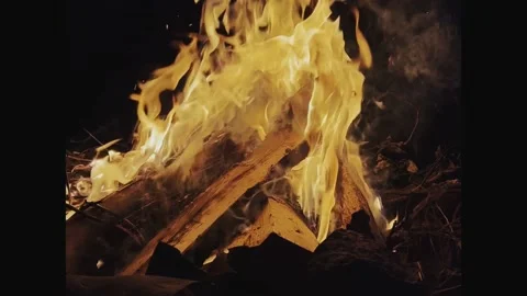 Close-up, flames from the fire. Night fire, burning wood, flying sparks. Stock Footage 214660788