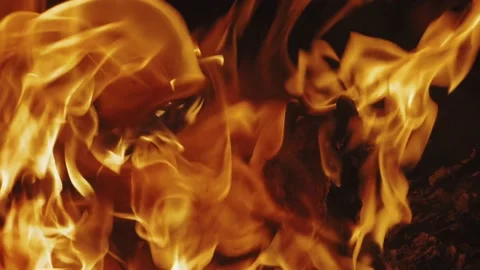 Close-up, flames from the fire. Night fire, burning wood, flying sparks. Stock-Footage 220091201