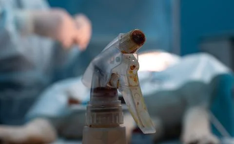 Close-up. A flask with an iodine solution stands in surgery against the backdrop Stock Photos