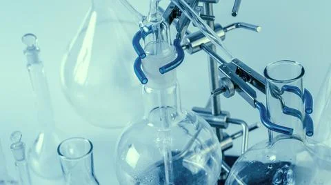 Close up flask on a tripod. Laboratory analysis equipment. Chemical laborator 写真素材