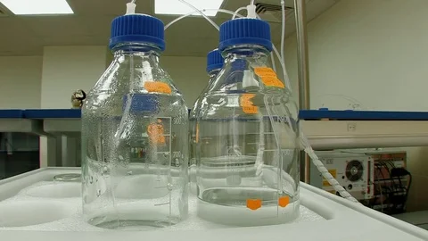 Close-up. flasks with reagents in the laboratory Stock Footage 82702512