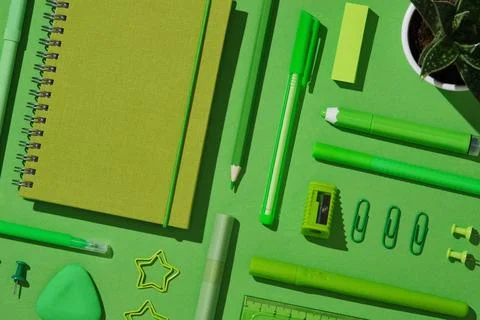 Close-up flat lay of assorted green office supplies on vibrant background, .. Stock Photos