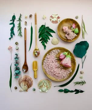 Close-up Flat Lay SPA objects in a square composition, Wooden plates Stock Photos