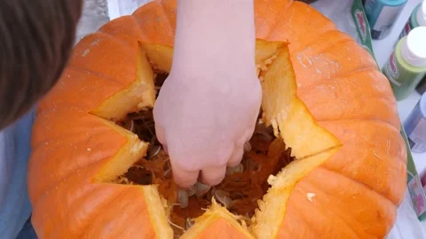 Close-up flat shot of an open pumpkin with innards Stock-Footage 158681214