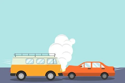 Close-up Flat Vector Illustration of Two Cars Crash with Smoke Clouds 库存插图
