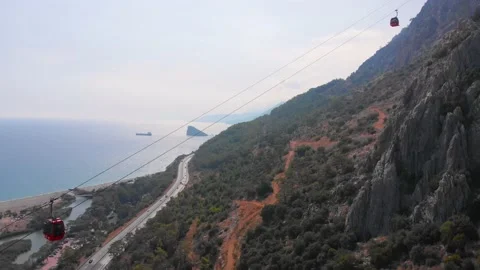 Close-up flight next to the uphill funicular with the coast in the background 4K Stock-Footage 143915635