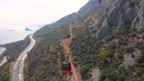 Close-up flight next to the uphill funicular with the coast in the background 4K Stock-Footage 143915839