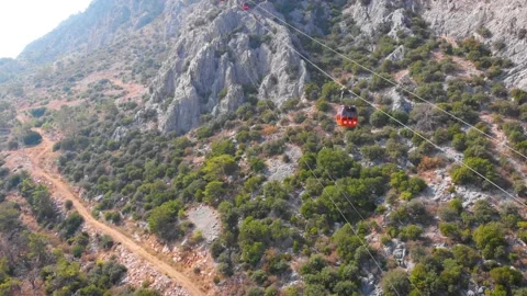 Close-up flight next to the uphill funicular with the coast in the background 4K Stock-Footage 143916099