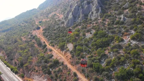 Close-up flight next to the uphill funicular with the coast in the background 4K Stock-Footage 143916237