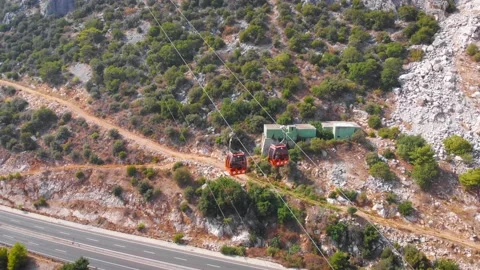 Close-up flight next to the uphill funicular with the coast in the background 4K Stock-Footage 143916649