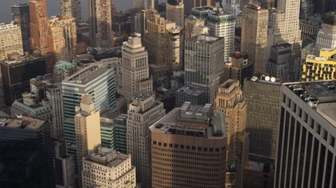 Close flight over the New York Financial District in Lower Manhattan. Shot in Stock Footage 59526894