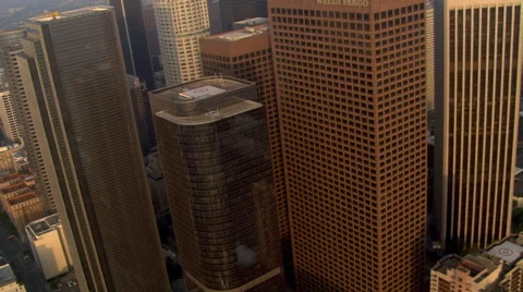 Close-up flight over skyscrapers of downtown Los Angeles. Shot in 2008. Stock Footage 59511581