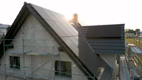 Close flight over a sustainable single family house with solar panels Stock Footage 242514206