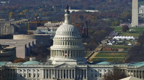 Close flight past the Capitol with the Mall, Washington Monument, Smithsonian Stock Footage 59210875