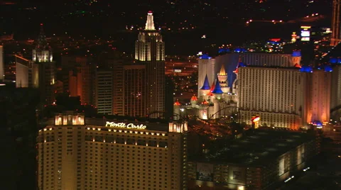 Close flight past New York New York in Las Vegas at night. Shot in 2008. Stock Footage 59515261