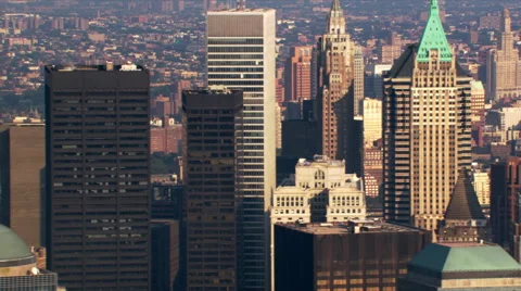 Close flight past Wall Street skyscrapers. Shot in 2003. Stock Footage 59519254