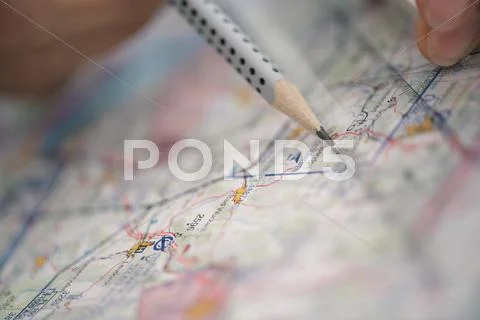 Close of flight planning on a map Stock Photos