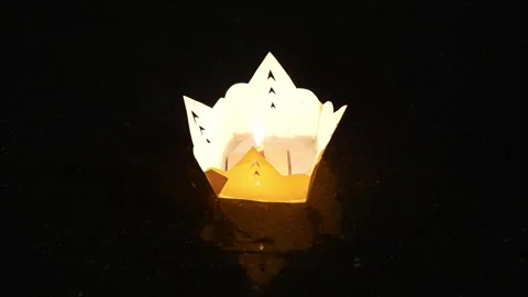 Close-Up of Floating Paper Lantern on Dark Water at Night, Hoi An Vietnam Stock Footage 330406034