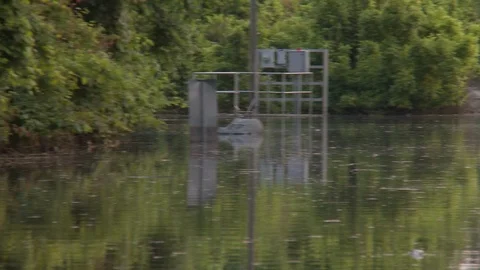 Close up of flooded road and train tracks with signs and trees, New Orleans, US Stock Footage 132396176