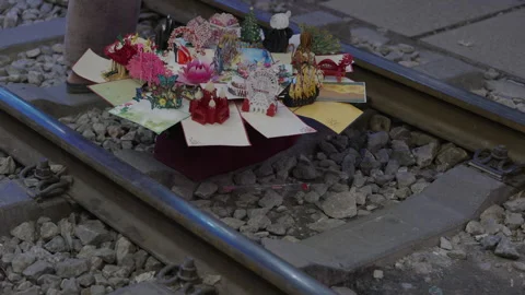 Close-up of Flower Decorations on Hanoi Train Tracks. Stock Footage 323768260