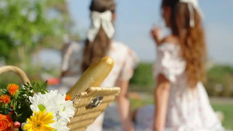 Close Up Of Flowers And A Baguette Inside A Wicker Picnic Basket Stock Footage 341549835
