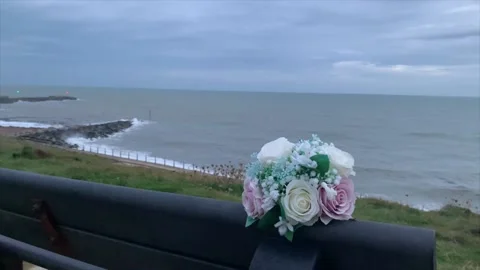Close up of flowers on a bench with sea in the back. Stock-Footage 219890549