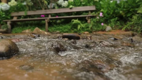 Close Up Flowing Stream Over Stones, Bench In Background, Green Foliage And Stock Footage 330835445